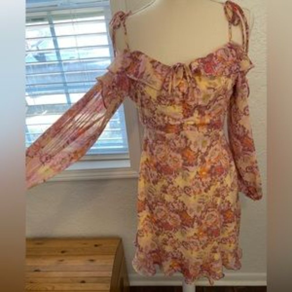 Rewind Long Sleeve Cold Shoulder Floral Mini Dress
